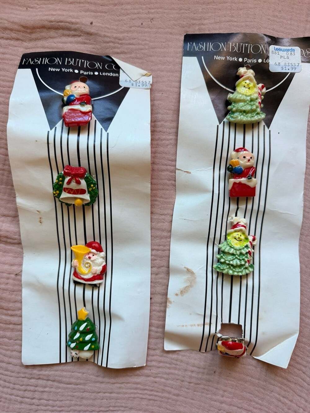 Vintage Christmas Button Covers Lot of 2 Santa Tree Wreath Bell